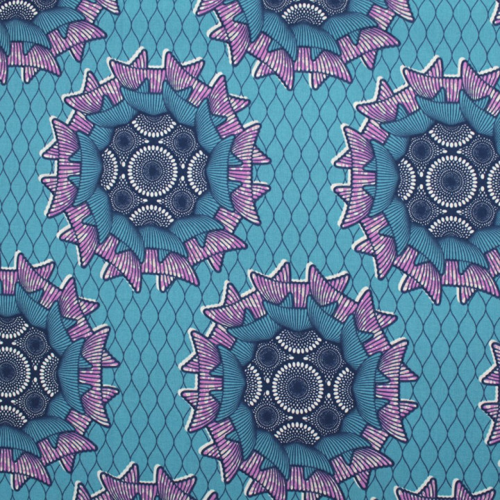 Tissu Coton Bleu Ciel - Motif Géométrique Violet et Bleu Nuit - Idéal pour Couture et Décoration