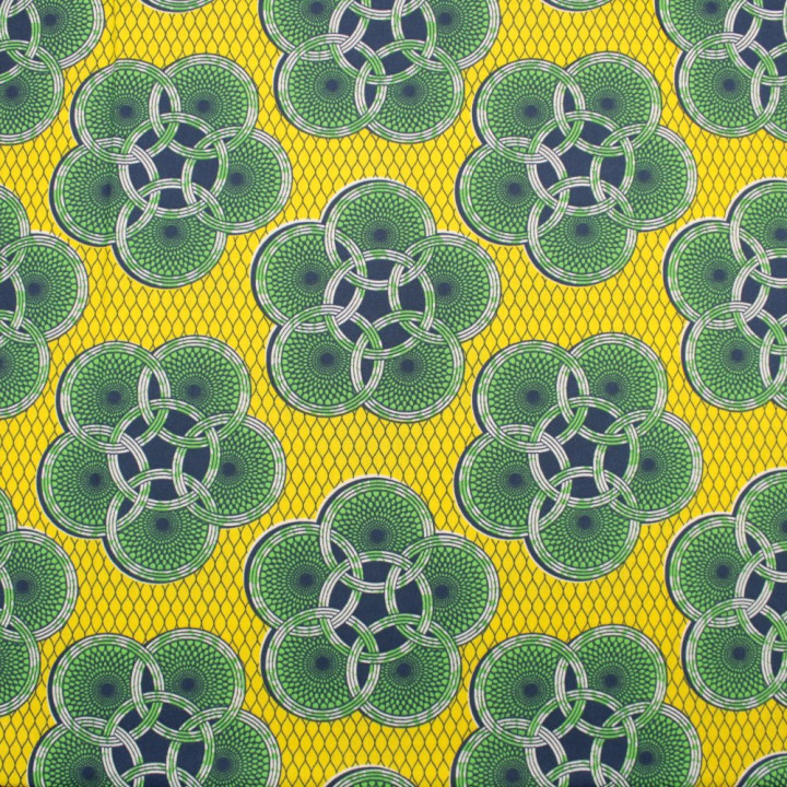 Tissu en Coton Jaune Vif avec Imprimé Géométrique de Cercles Verts
