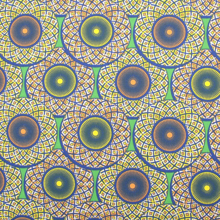 Tissu en Coton avec Imprimé Géométrique de Cercles Jaune, Orange et Bleu