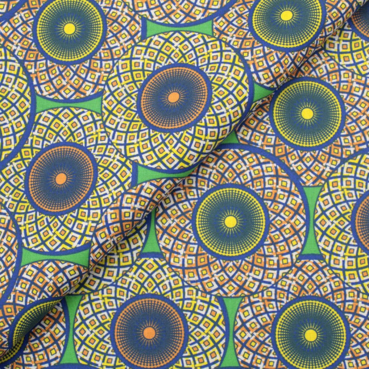 Tissu en Coton avec Imprimé Géométrique de Cercles Jaune, Orange et Bleu