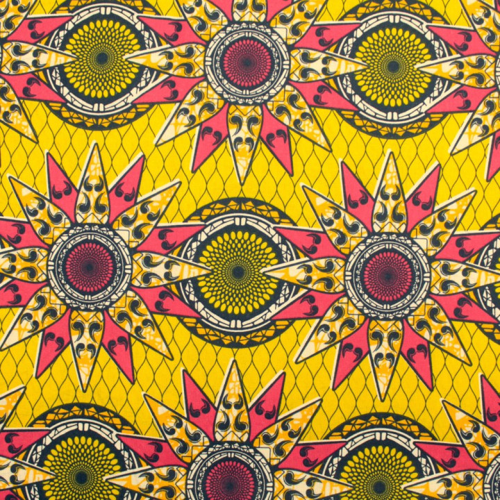 Tissu en Coton Jaune avec Imprimé de Cercles Géométriques Rouge et Noir