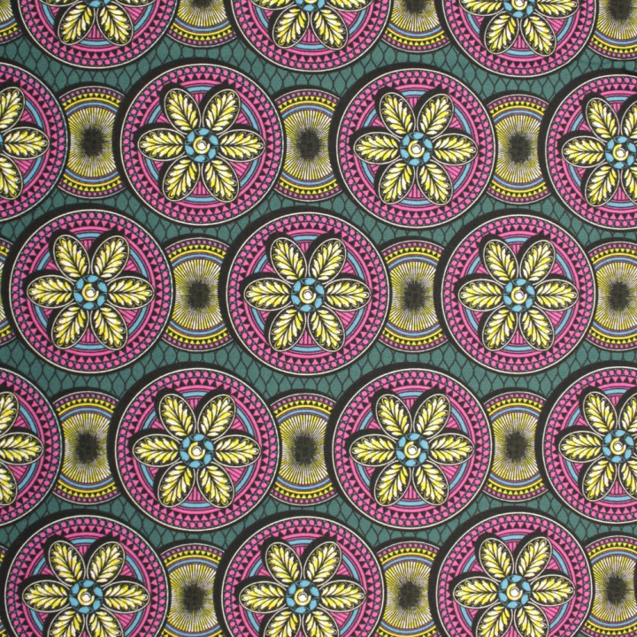 Tissu en Coton Vert à Motif Cercles Géométriques Violets – Idéal Couture et Décoration