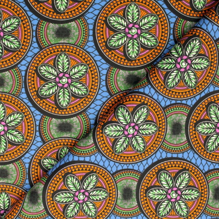 Tissu Coton Bleu Roi à Motif Cercles Géométriques Orange et Vert – Idéal pour Couture et Déco