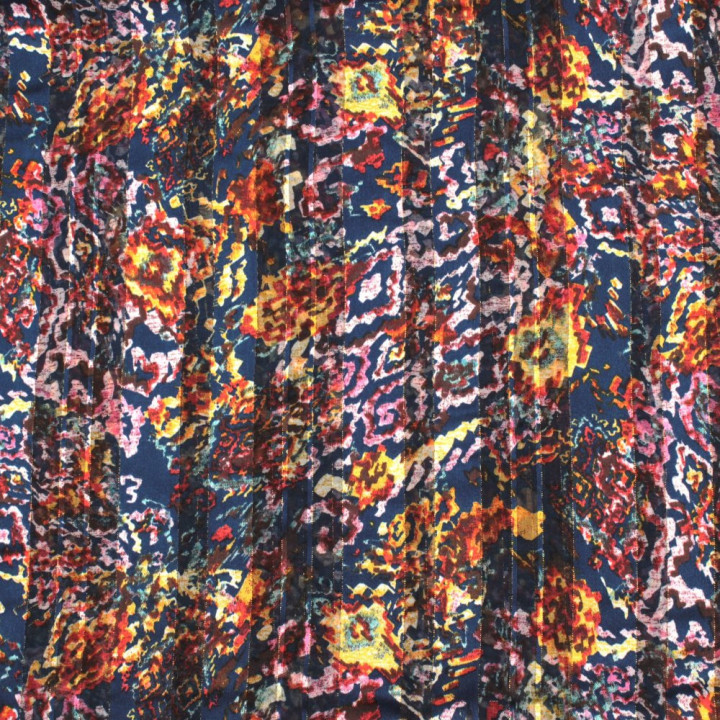 Tissu Mousseline Transparent Multicolore à Motifs Géométriques et Rayures Dorées – Léger, Fluide et Chic