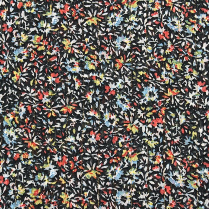 Tissu Mousseline Transparente Noire à Motifs Floraux Multicolores – Léger, Fluide et Élégant