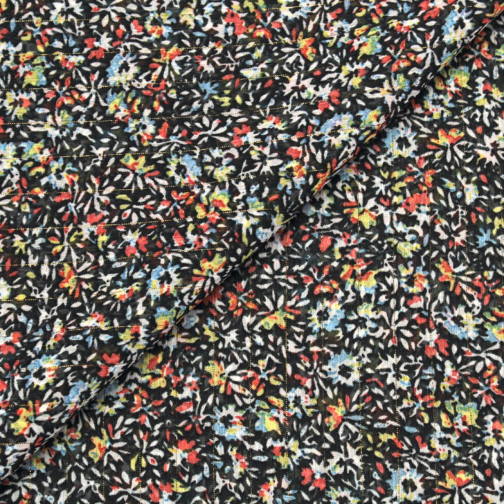 Tissu Mousseline Transparente Noire à Motifs Floraux Multicolores – Léger, Fluide et Élégant