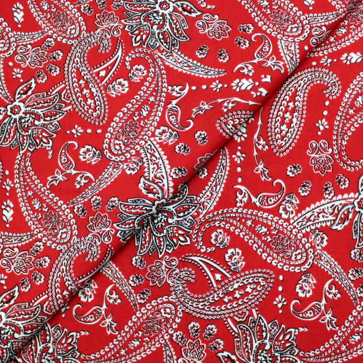Tissu Rouge Vif à Motifs Blancs Contour Noir – Pour des Pièces Audacieuses