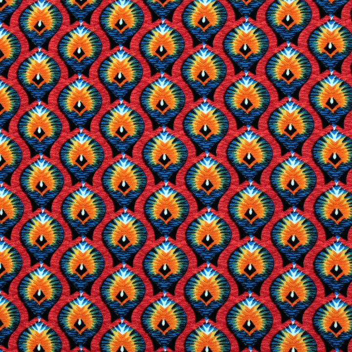 Tissu Rouge à Motifs Géométriques Bleu et Orange