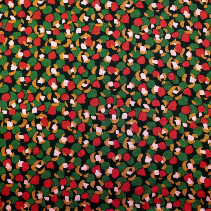 Tissu Noir à Imprimés Géométriques Rouge, Vert, Doré et Beige Foncé Brillant