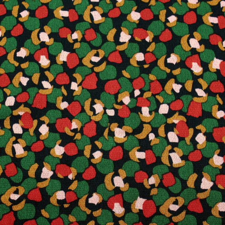 Tissu Noir à Imprimés Géométriques Rouge, Vert, Doré et Beige Foncé Brillant