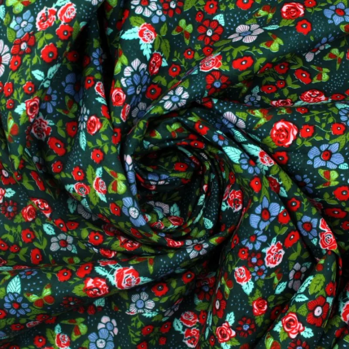 Tissu coton vert bouteille imprimés fleuris