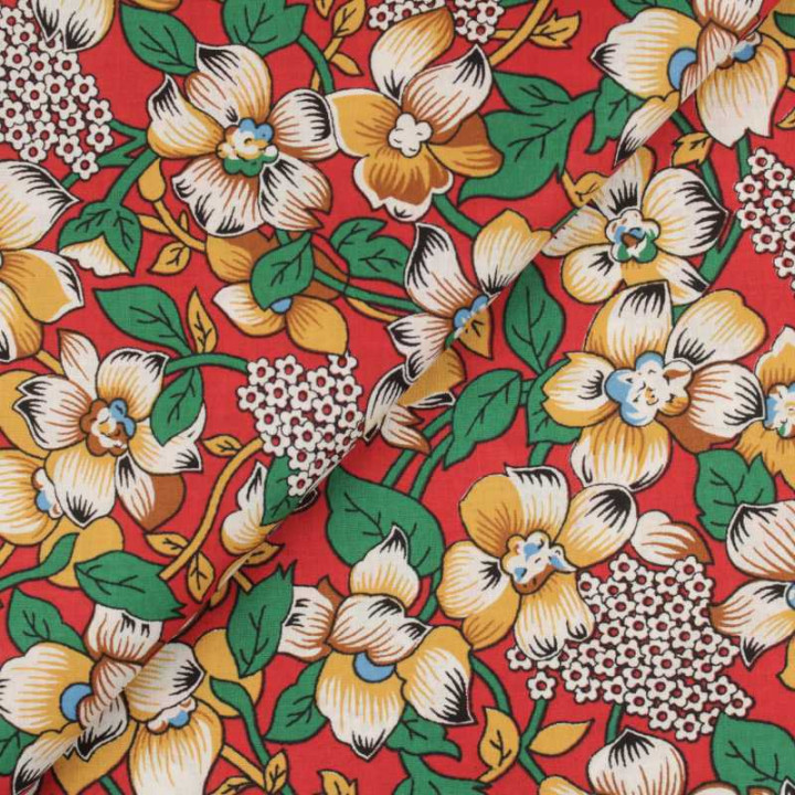 Coupon de Tissu Coton Fleuri Folk Rouge & Ocre