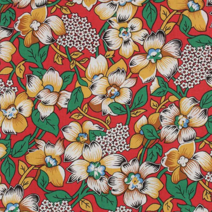 Coupon de Tissu Coton Fleuri Folk Rouge & Ocre