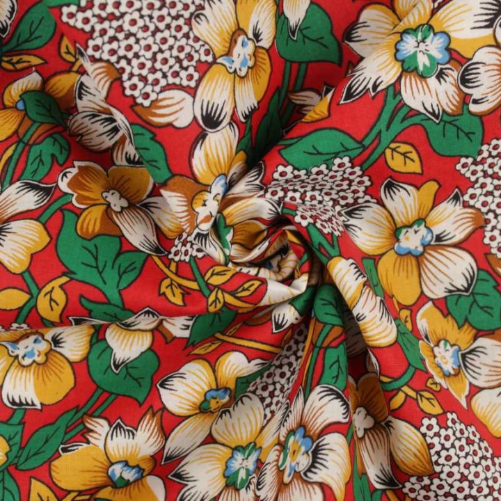 Coupon de Tissu Coton Fleuri Folk Rouge & Ocre