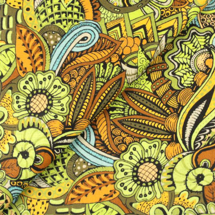 Coupon Tissu Coton Motif Doodle Ethnique Vert & Moutarde