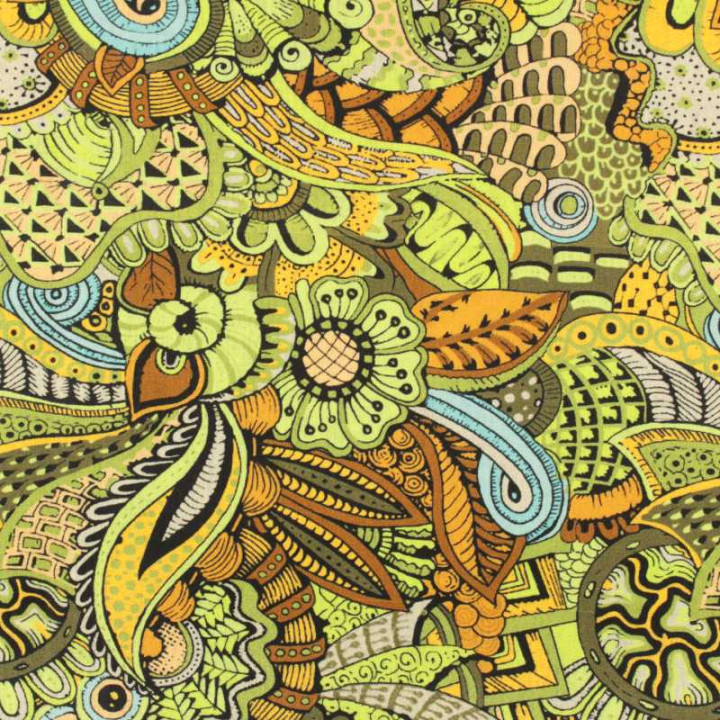 Coupon Tissu Coton Motif Doodle Ethnique Vert & Moutarde