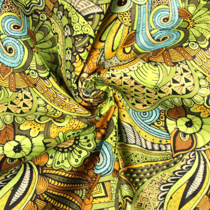 Coupon Tissu Coton Motif Doodle Ethnique Vert & Moutarde