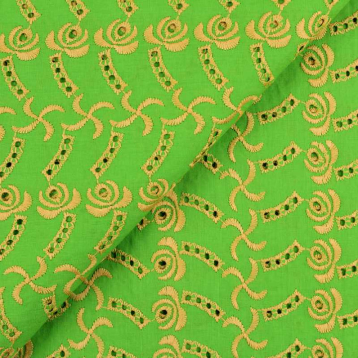 Coupon Broderie Anglaise Vert Pomme & Fleurs Dorées