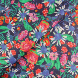 Coupon Tissu Coton Imprimé Jardin Fleuri & Fruits Rouges – Motif Botanique sur Fond Marine