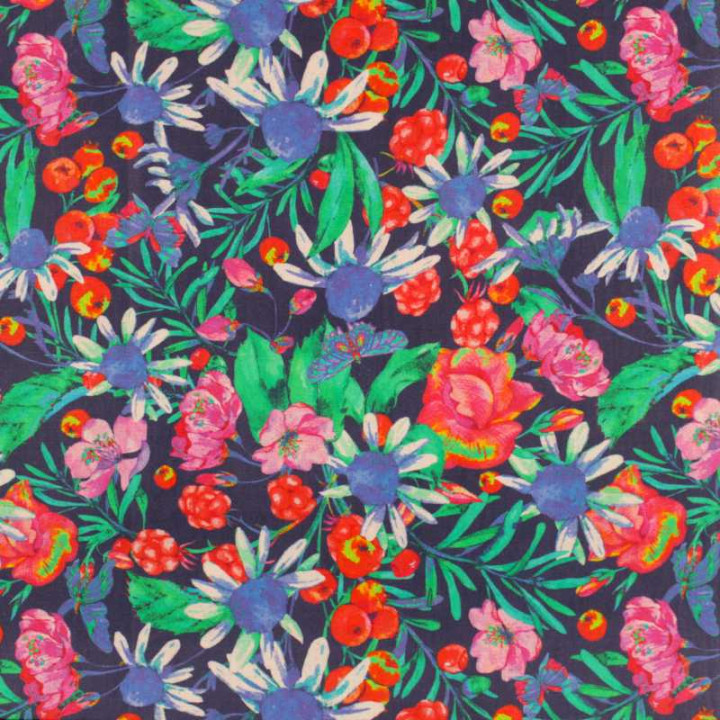 Coupon Tissu Coton Imprimé Jardin Fleuri & Fruits Rouges – Motif Botanique sur Fond Marine