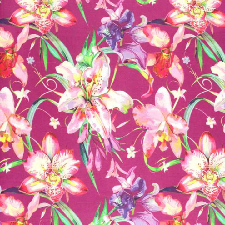 Coupon tissu fleuri fond noir aux motifs baroques orange et multicolore. Idéal pour la couture et la déco.