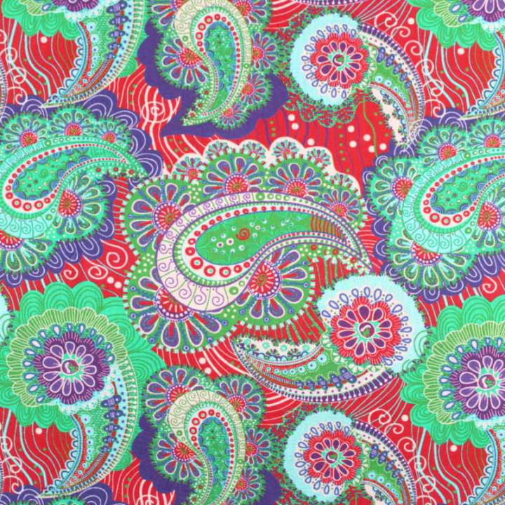 Coupon tissu imprimé paisley fond rouge – Motif cachemire vert émeraude, violet et turquoise