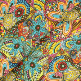 Coupon tissu imprimé floral paisley multicolore – Motif all-over turquoise, jaune et orange esprit Sixties