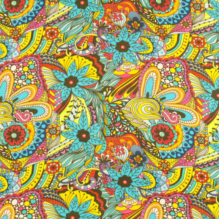 Coupon tissu imprimé floral paisley multicolore – Motif all-over turquoise, jaune et orange esprit Sixties