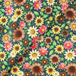 Coupon de Tissu Coton Tournesols & Fleurs des Champs Vert, Rose, et blanc