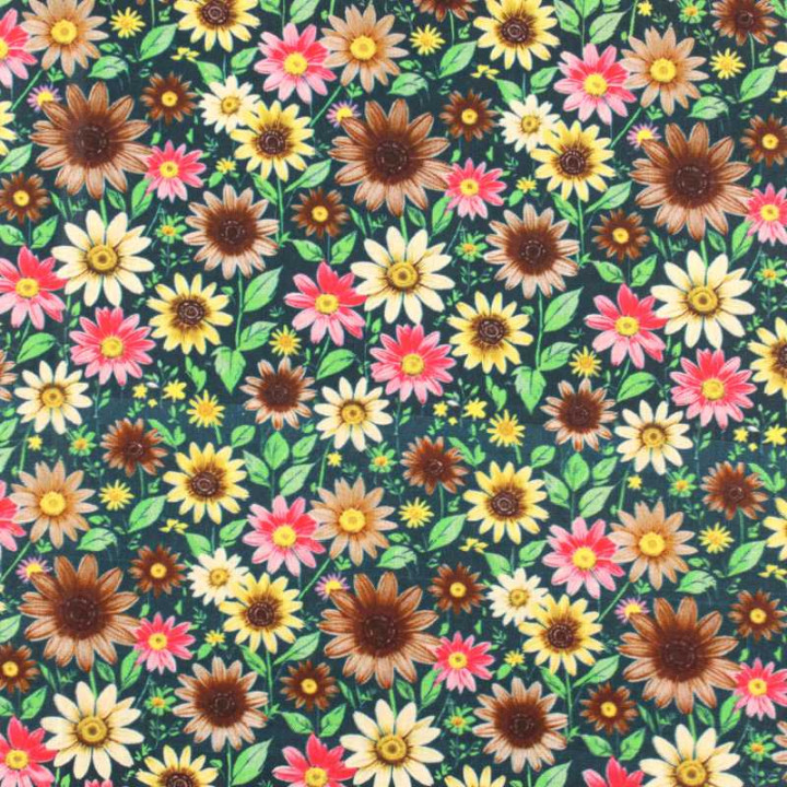 Coupon de Tissu Coton Tournesols & Fleurs des Champs Vert, Rose, et blanc