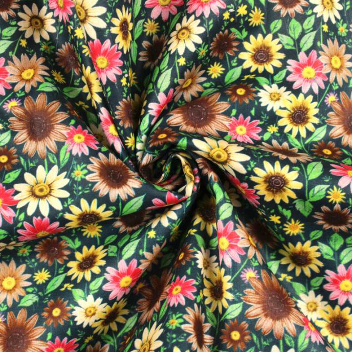 Coupon de Tissu Coton Tournesols & Fleurs des Champs Vert, Rose, et blanc