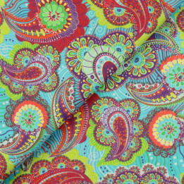 Tissu coton fleuri géométrique multicolore | Vert, bleu, rouge, orange et jaune