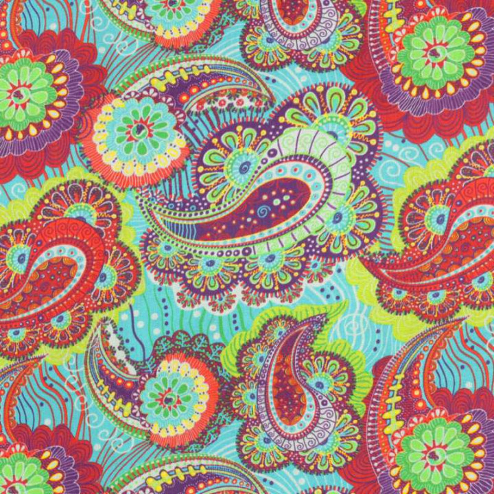 Tissu coton fleuri géométrique multicolore | Vert, bleu, rouge, orange et jaune