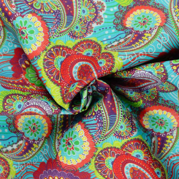 Tissu coton fleuri géométrique multicolore | Vert, bleu, rouge, orange et jaune