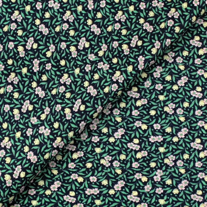 Tissu coton noir imprimé fleurs rose