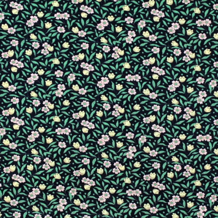 Tissu coton noir imprimé fleurs rose