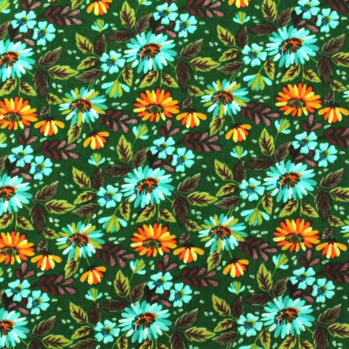 Tissu en Coton Noir Imprimé Fleuri Multicolore