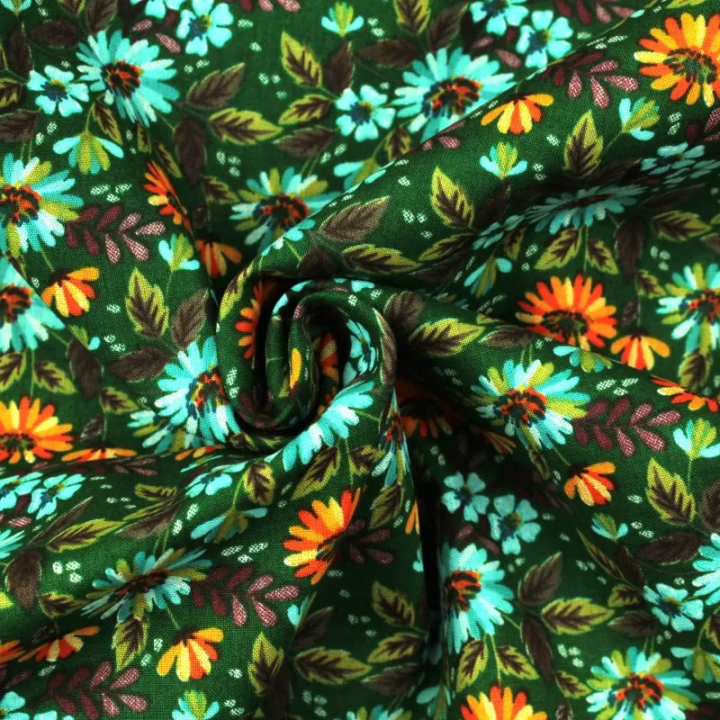 Tissu en Coton Noir Imprimé Fleuri Multicolore