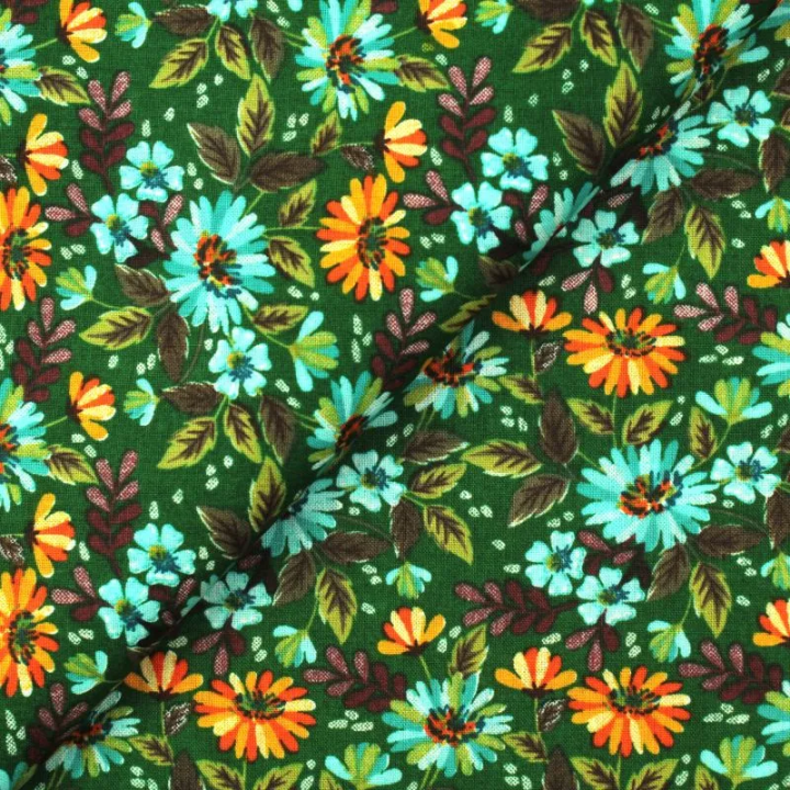 Tissu en Coton Noir Imprimé Fleuri Multicolore