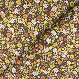 Tissu en Coton avec Petits Motifs Floraux Blancs, Orange, Jaune et Marron - Idéal pour la Couture et les Projets DIY