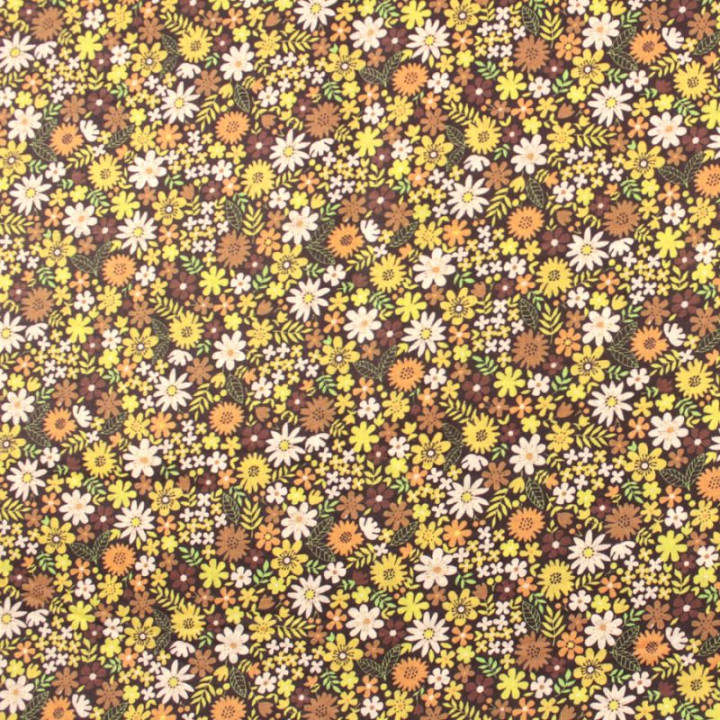 Tissu en Coton avec Petits Motifs Floraux Blancs, Orange, Jaune et Marron - Idéal pour la Couture et les Projets DIY