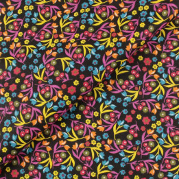 Tissu Popeline de Coton Noir Fleuri Motifs Fleurs Rouge, Vert, Bleuet et Jaune