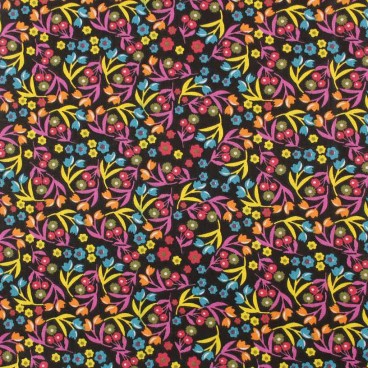 Tissu Popeline de Coton Noir Fleuri Motifs Fleurs Rouge, Vert, Bleuet et Jaune