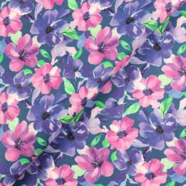 Coupon de tissu coton vert canard imprimé petites fleurs roses et bleues