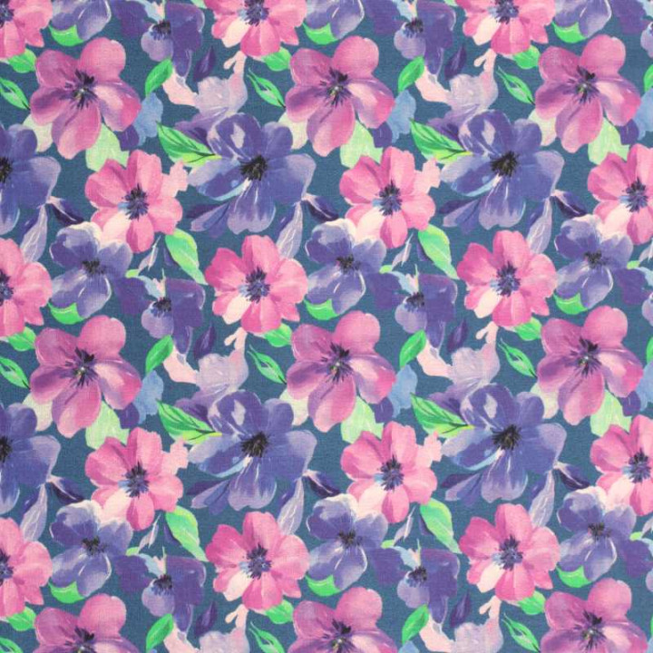 Coupon de tissu coton vert canard imprimé petites fleurs roses et bleues