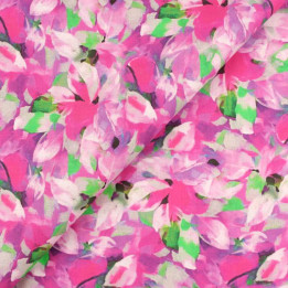 Coupon tissu coton fleuri abstrait rose et vert sur fond blanc