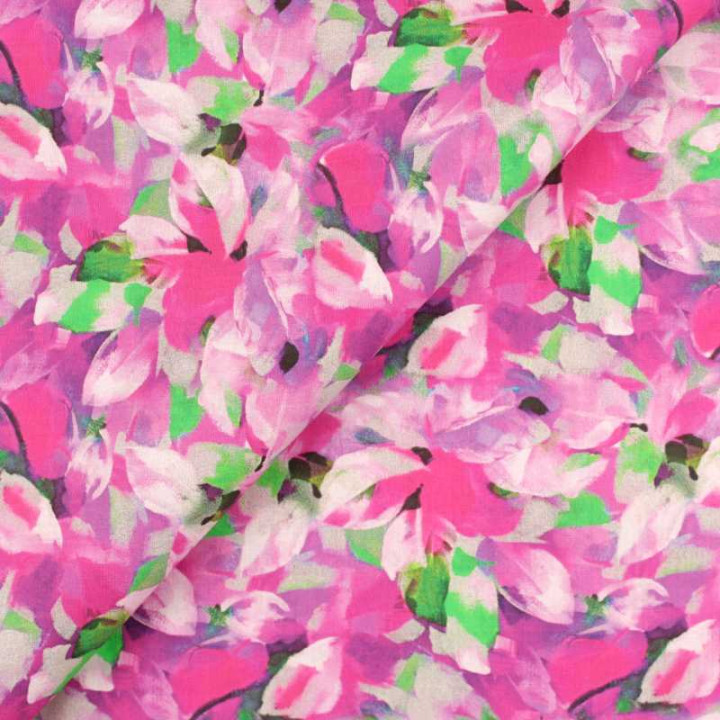 Coupon tissu coton fleuri abstrait rose et vert sur fond blanc