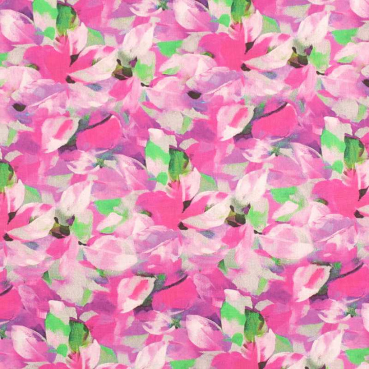 Coupon tissu coton fleuri abstrait rose et vert sur fond blanc