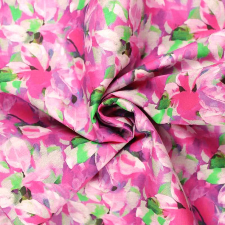 Coupon tissu coton fleuri abstrait rose et vert sur fond blanc