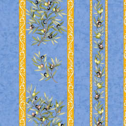 Tissu Coton bleu enduit téflon imprimé Le clos des oliviers
